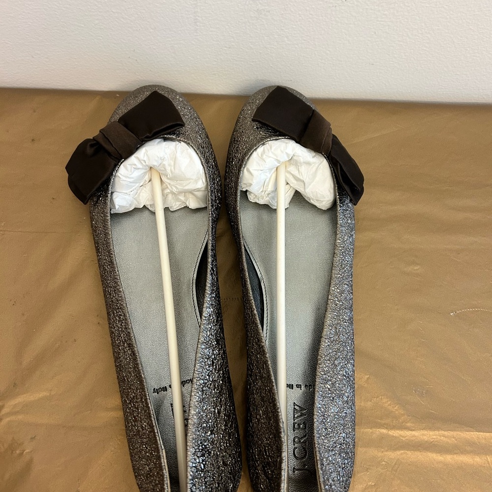 J. Crew Silver Glitter Flats with Brown Bow